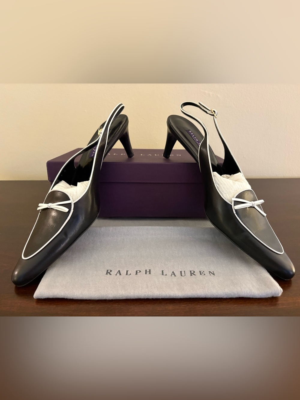 Ralph Lauren Purple Label Black & White Slingback Kitten Heel Pumps.  NWT